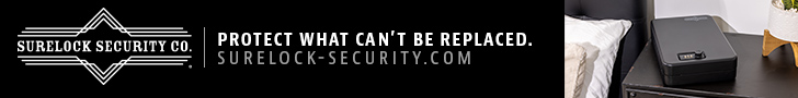 Surelock Security Co. banner ad with secure lockbox on nightstand and slogan 'Protect What Can't Be Replaced' at surelock-security.com