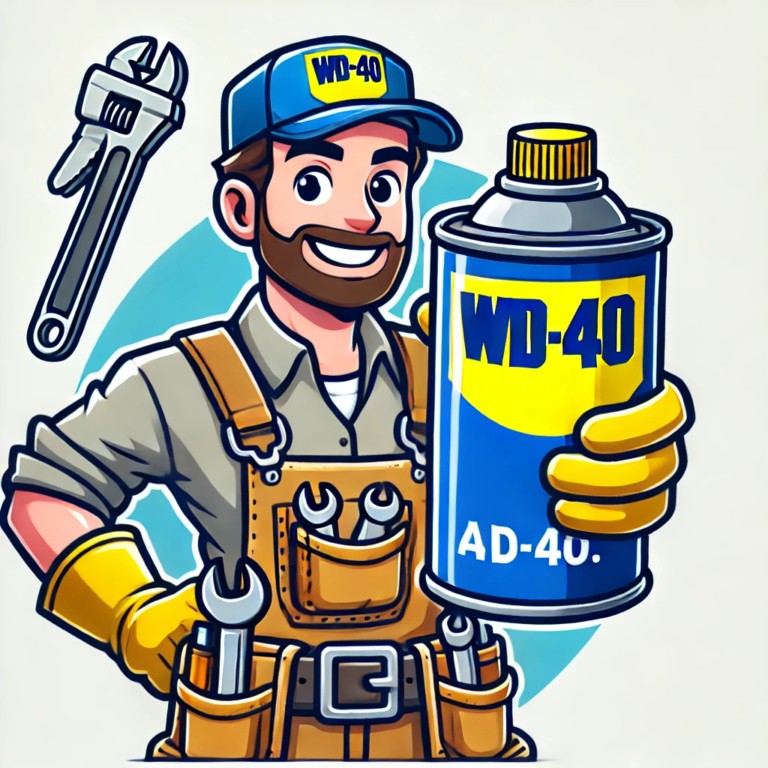Clip art style JPEG of a handyman holding WD40